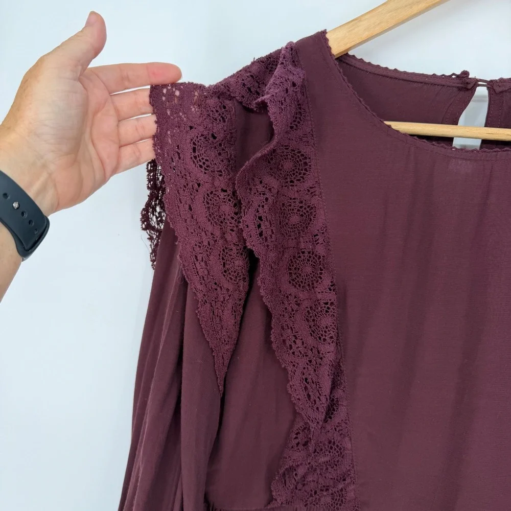 Free People Top Lace Whimsigoth Ruffle Peplum Wine Romantic Oversized Feminine